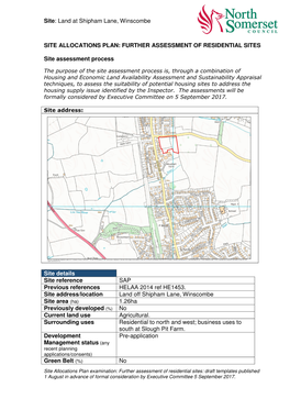 Land at Shipham Lane, Winscombe SITE ALLOCATIONS PLAN