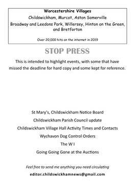 STOP PRESS This Is Intended to Highlight Events, with Some That Have Missed the Deadline for Hard Copy and Some Kept for Reference