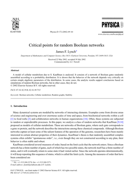 Critical Points for Random Boolean Networks James F