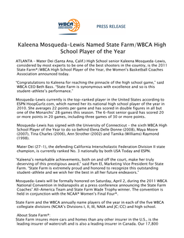 Kaleena Mosqueda-Lewis Named State Farm/WBCA High School Player of the Year
