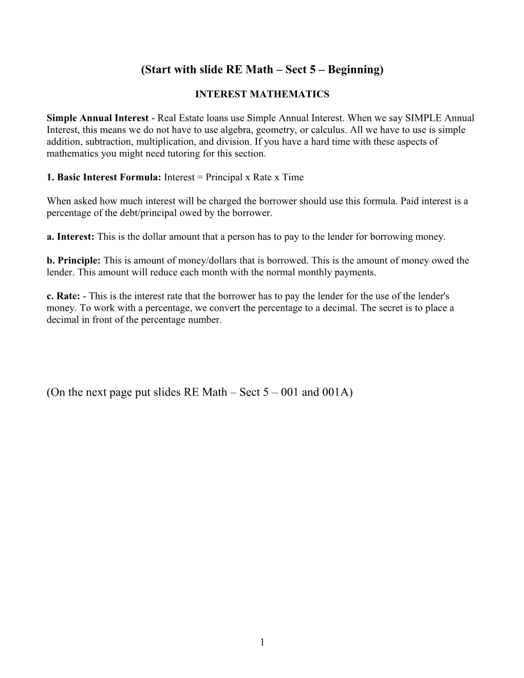 Start with Slide RE Math Sect 5 Beginning