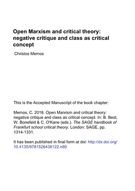 Open Marxism and Critical Theory: Negative Critique and Class As Critical Concept Christos Memos