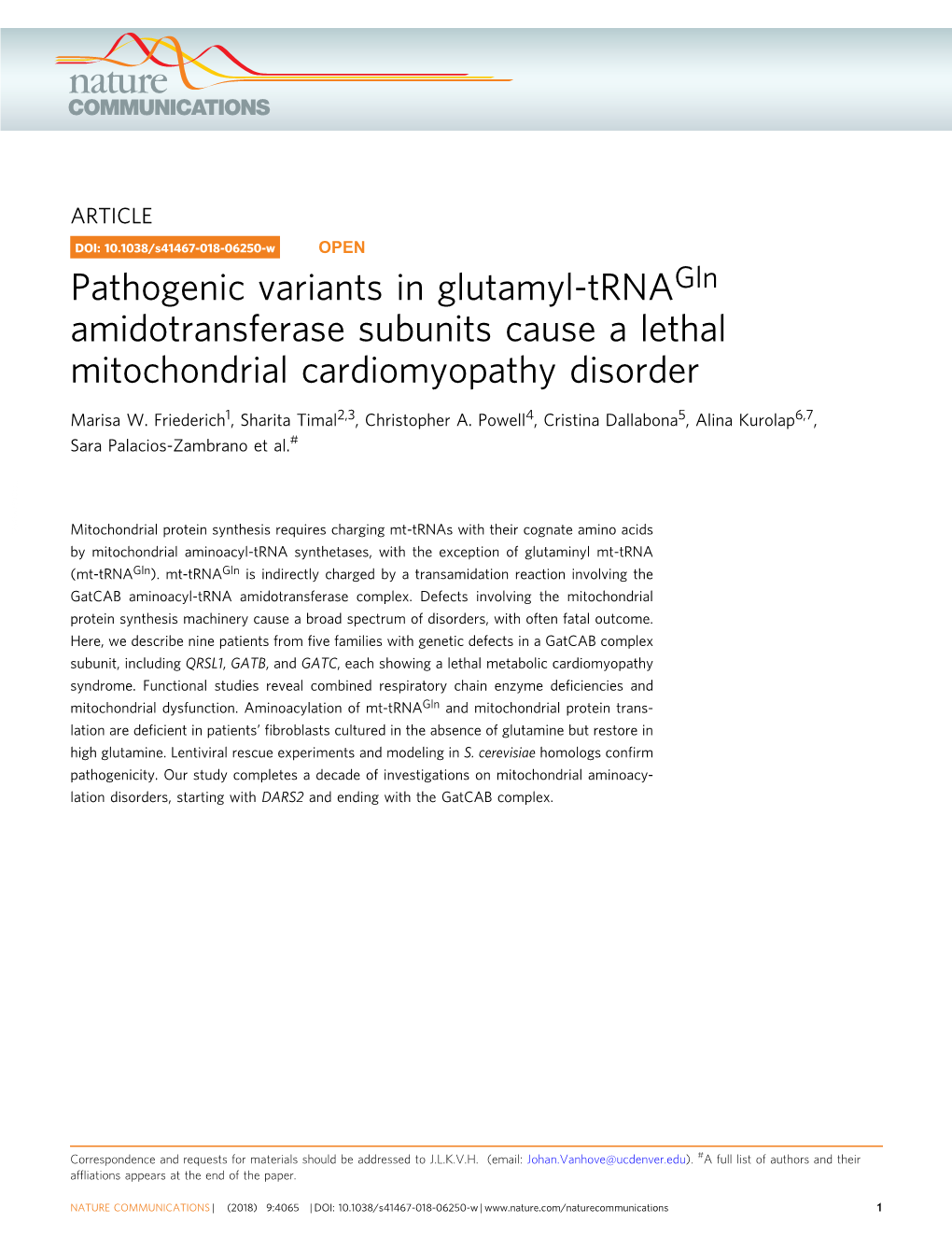 Pathogenic Variants in Glutamyl-Trnagln Amidotransferase Subunits Cause a Lethal Mitochondrial Cardiomyopathy Disorder