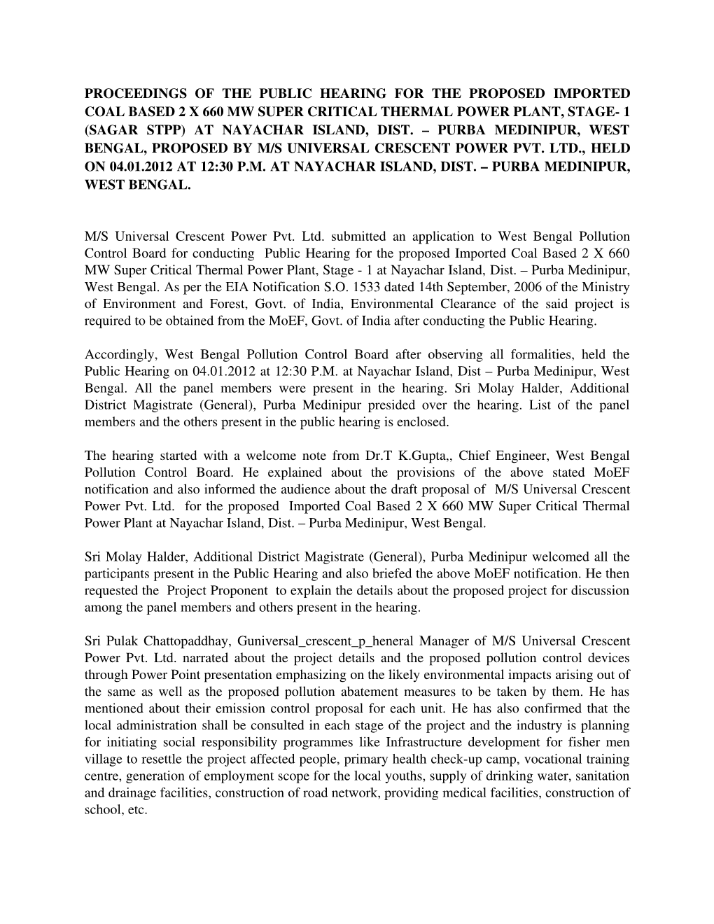 Proceedings of the Public Hearing for the Proposed 2X660 MW Super