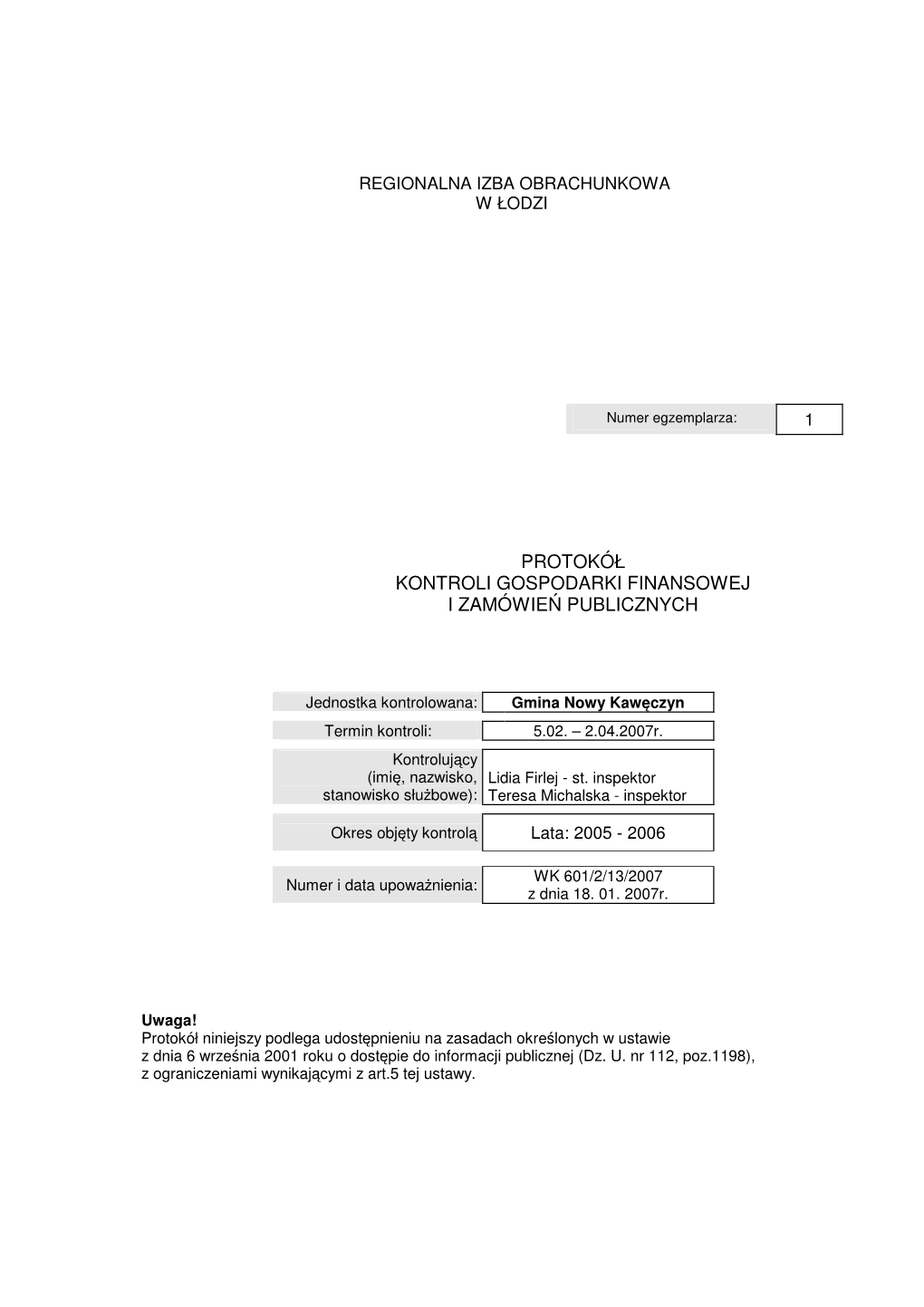 Protokół Kontroli Gospodarki Finansowej I Zamówień Publicznych