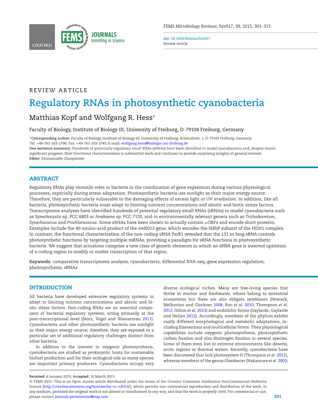 Regulatory Rnas in Photosynthetic Cyanobacteria Matthias Kopf and Wolfgang R