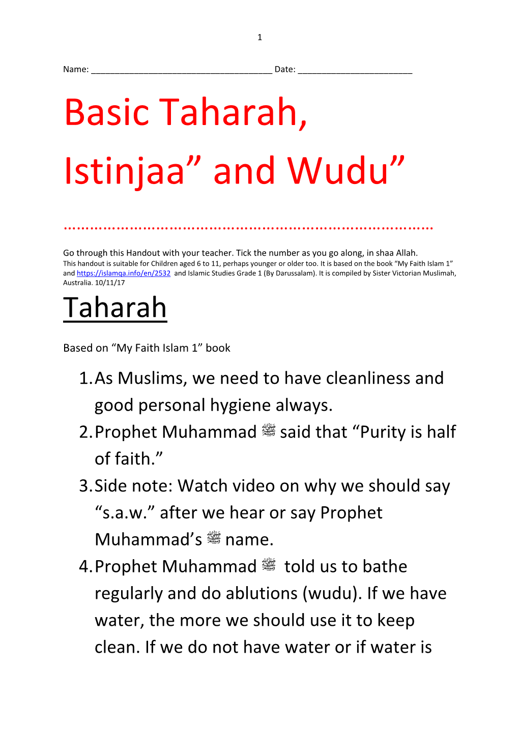 Basic Taharah, Istinjaa” and Wudu”