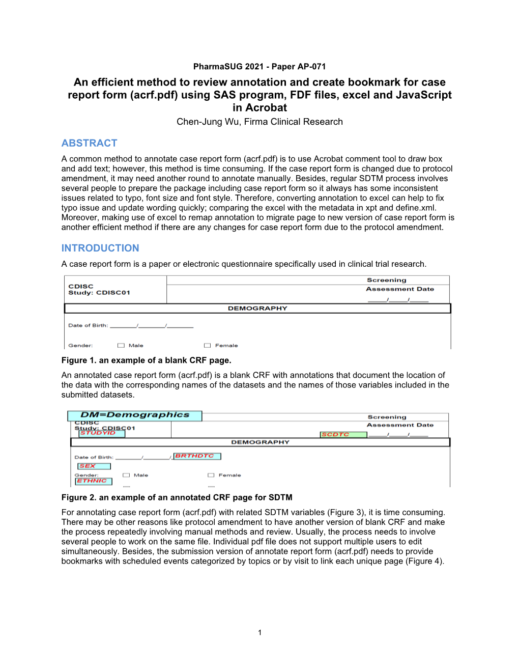 (Acrf.Pdf) Using SAS Program, FDF Files, Excel and Javascript in Acrobat Chen-Jung Wu, Firma Clinical Research