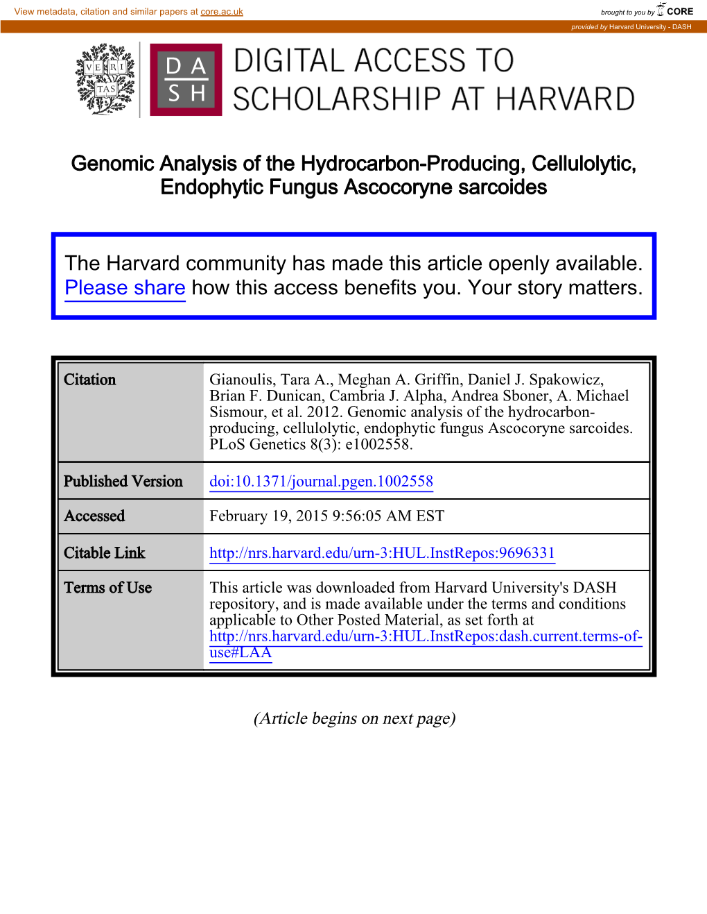 Genomic Analysis of the Hydrocarbon-Producing, Cellulolytic, Endophytic Fungus Ascocoryne Sarcoides