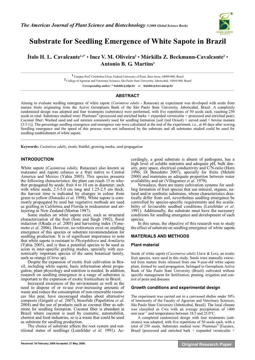 Substrate for Seedling Emergence of White Sapote in Brazil