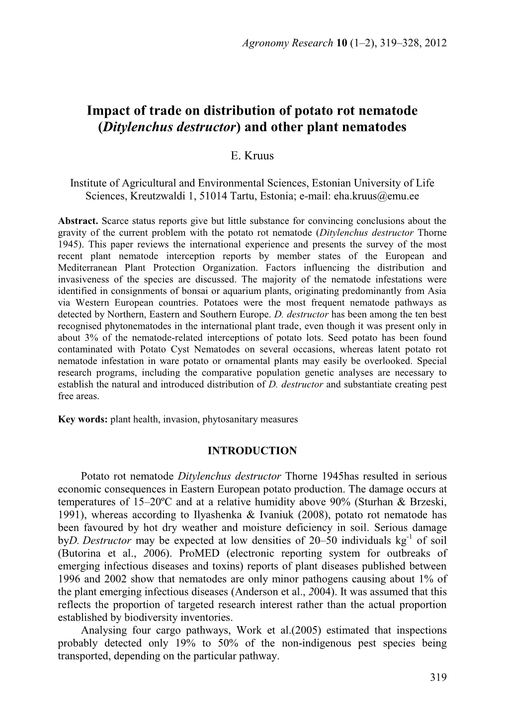 Impact of Trade on Distribution of Potato Rot Nematode (Ditylenchus Destructor) and Other Plant Nematodes