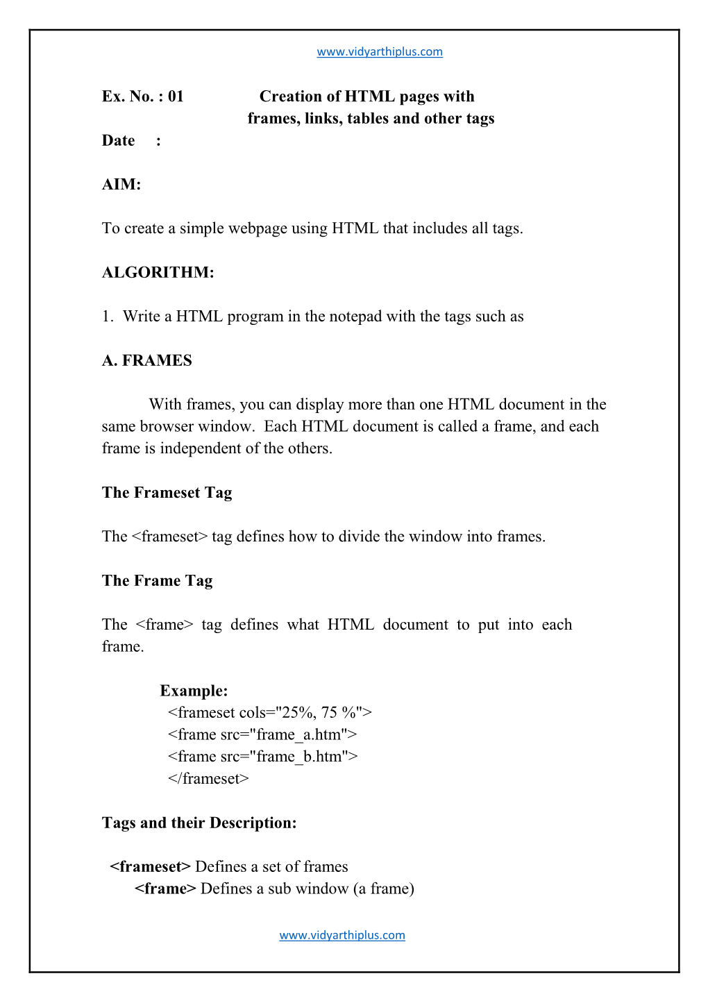 01 Creation of HTML Pages with Frames, Links, Tables and Other Tags Date