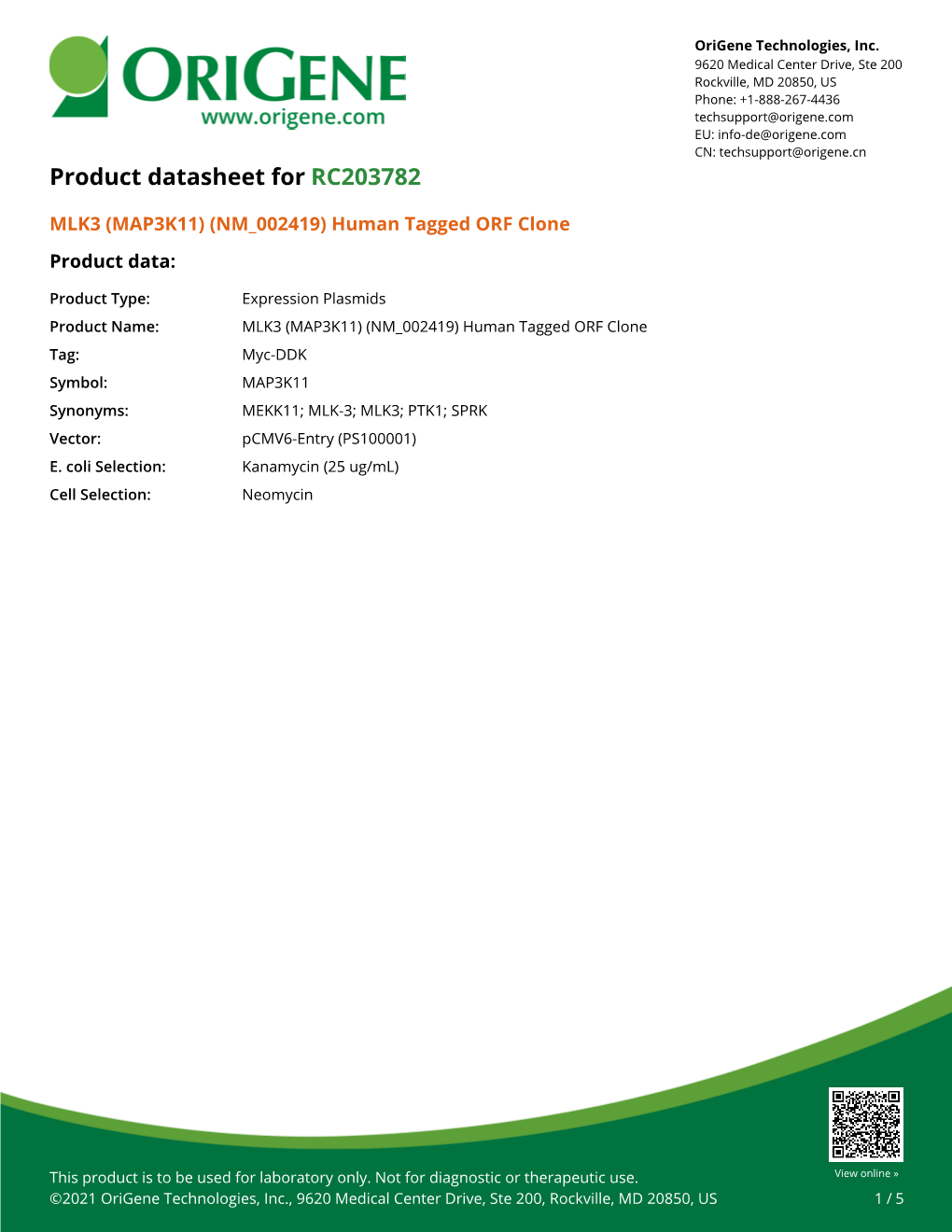 MLK3 (MAP3K11) (NM 002419) Human Tagged ORF Clone Product Data