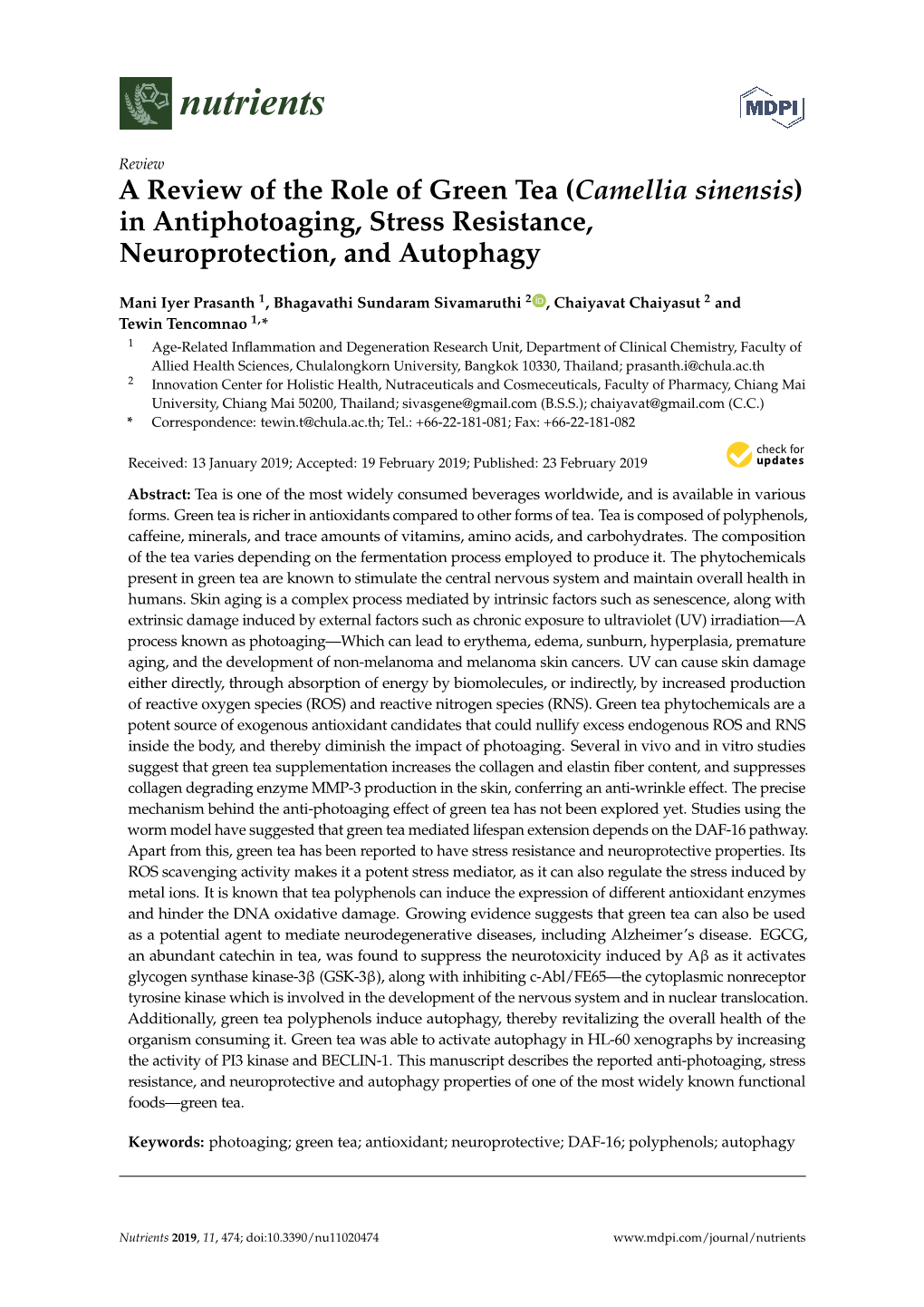 A Review of the Role of Green Tea (Camellia Sinensis) in Antiphotoaging, Stress Resistance, Neuroprotection, and Autophagy