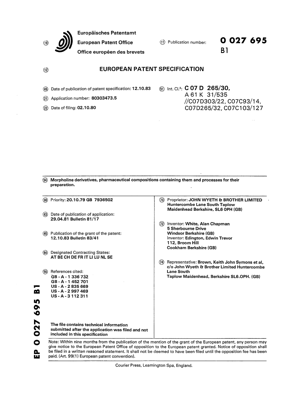 Morpholine Derivatives, Pharmaceutical Compositions