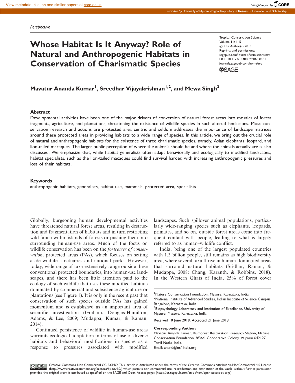 Role of Natural and Anthropogenic Habitats in Conservation Of