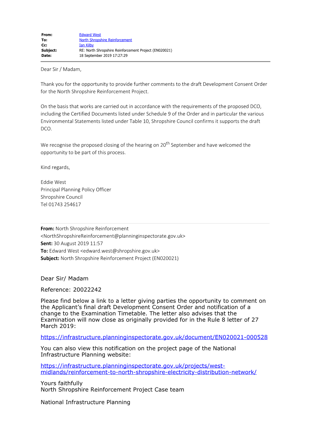 Dear Sir / Madam, Thank You for the Opportunity to Provide Further Comments to the Draft Development Consent Order for the North