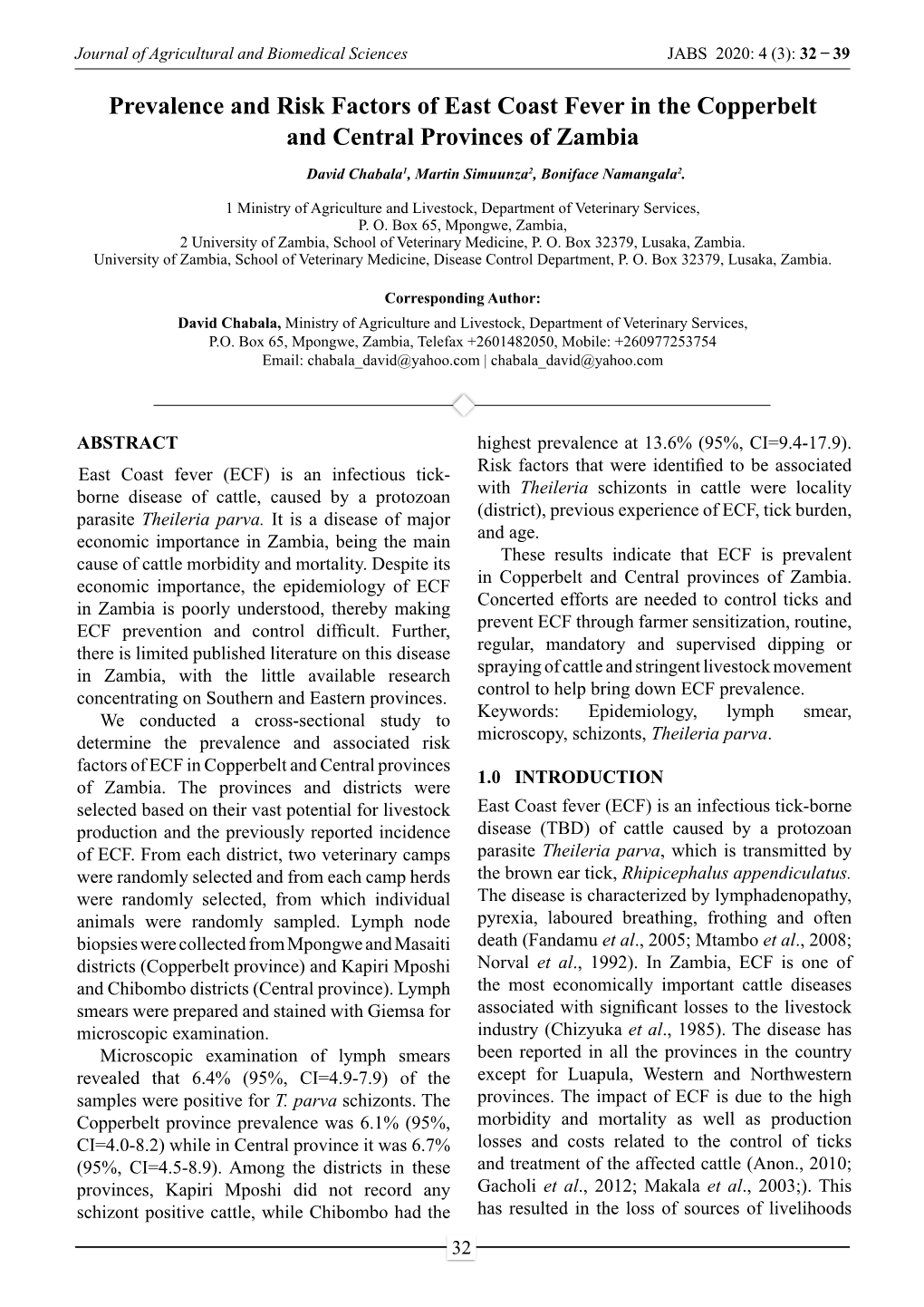 Prevalence and Risk Factors of East Coast Fever in the Copperbelt and Central Provinces of Zambia