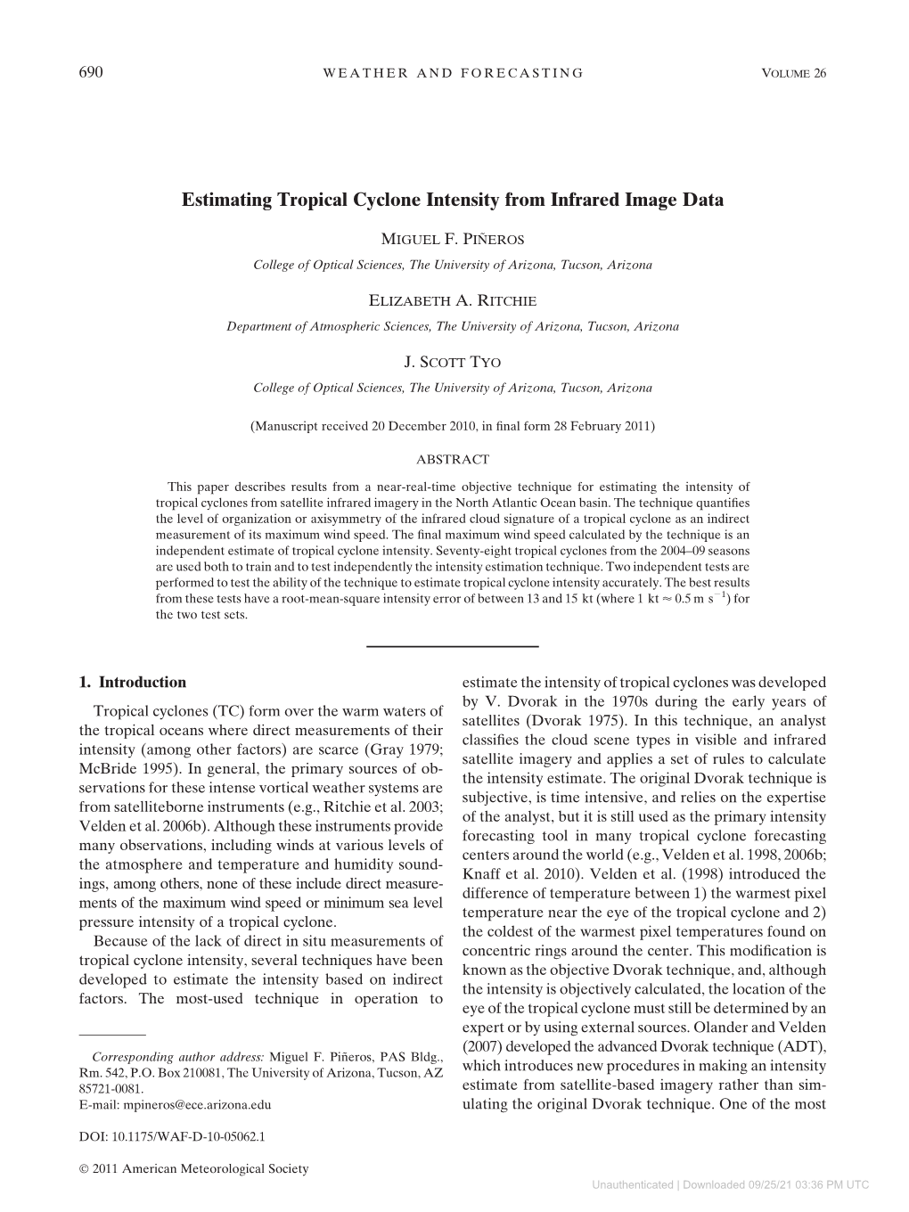 Estimating Tropical Cyclone Intensity from Infrared Image Data