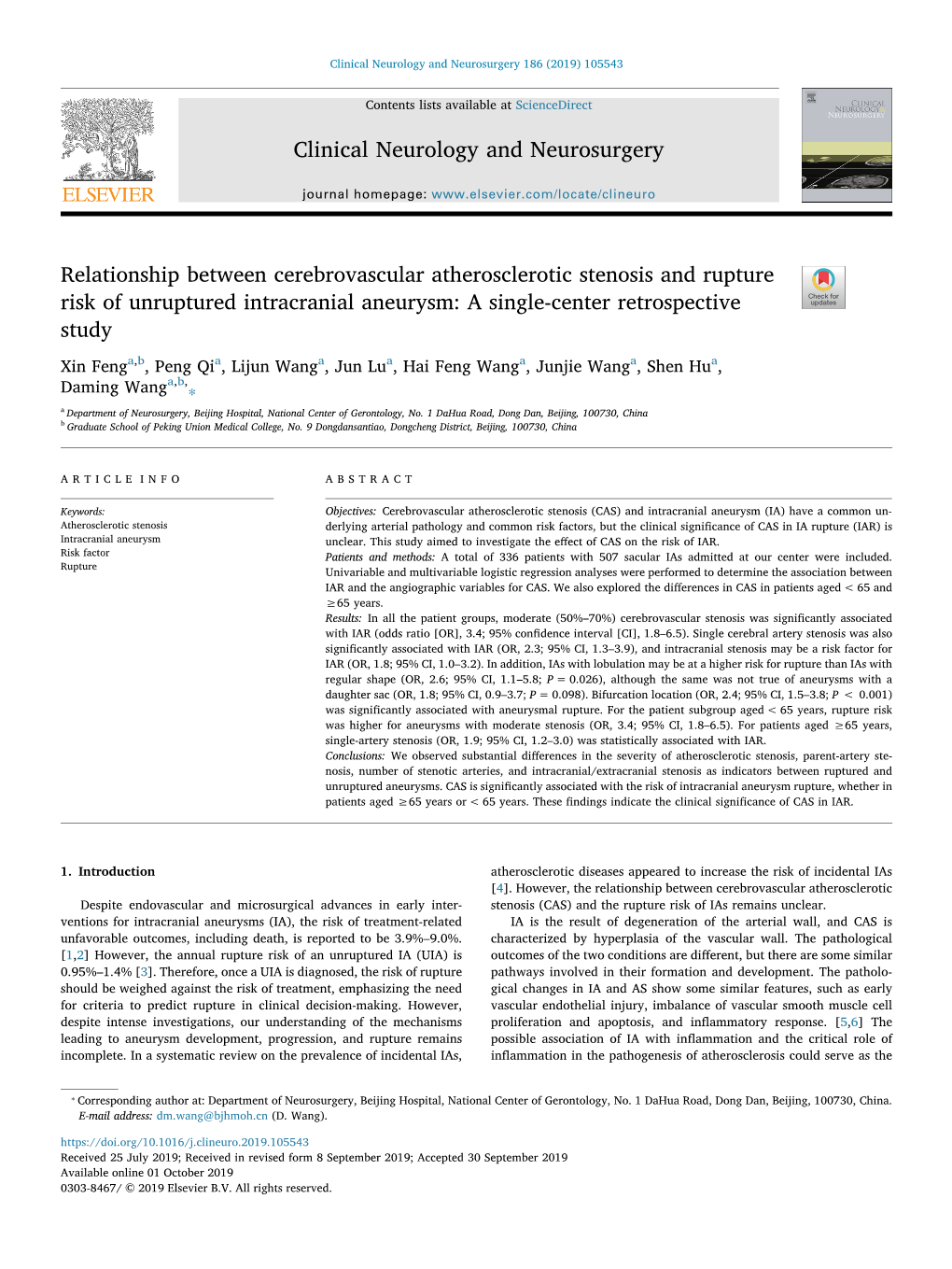 Relationship Between Cerebrovascular Atherosclerotic Stenosis and Rupture Risk of Unruptured Intracranial Aneurysm a Single-Cen