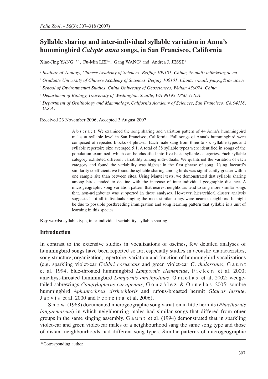 Syllable Sharing and Inter-Individual Syllable Variation in Anna's