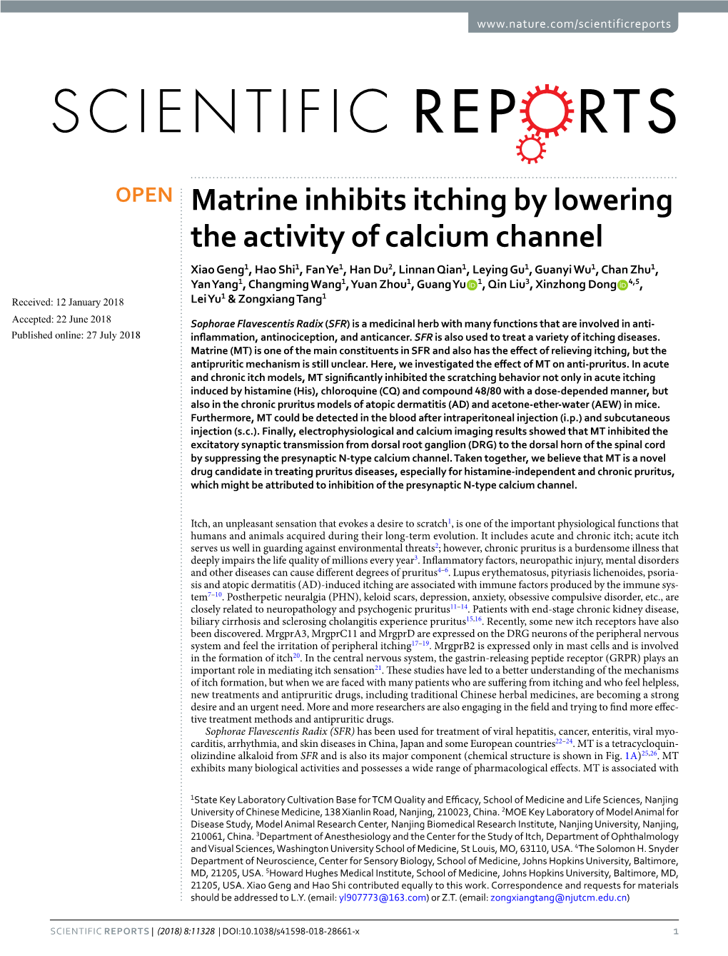 Matrine Inhibits Itching by Lowering the Activity of Calcium Channel