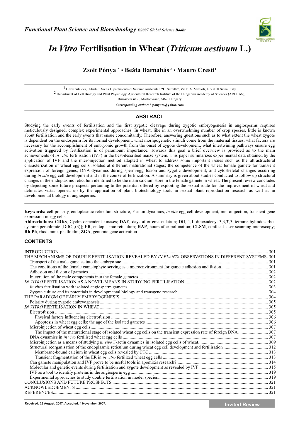 In Vitro Fertilisation in Wheat (Triticum Aestivum L.)