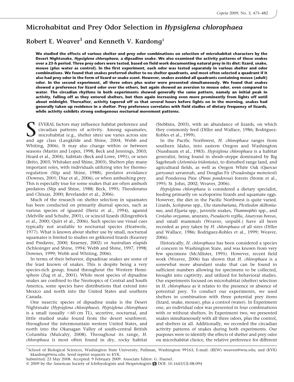 Microhabitat and Prey Odor Selection in Hypsiglena Chlorophaea