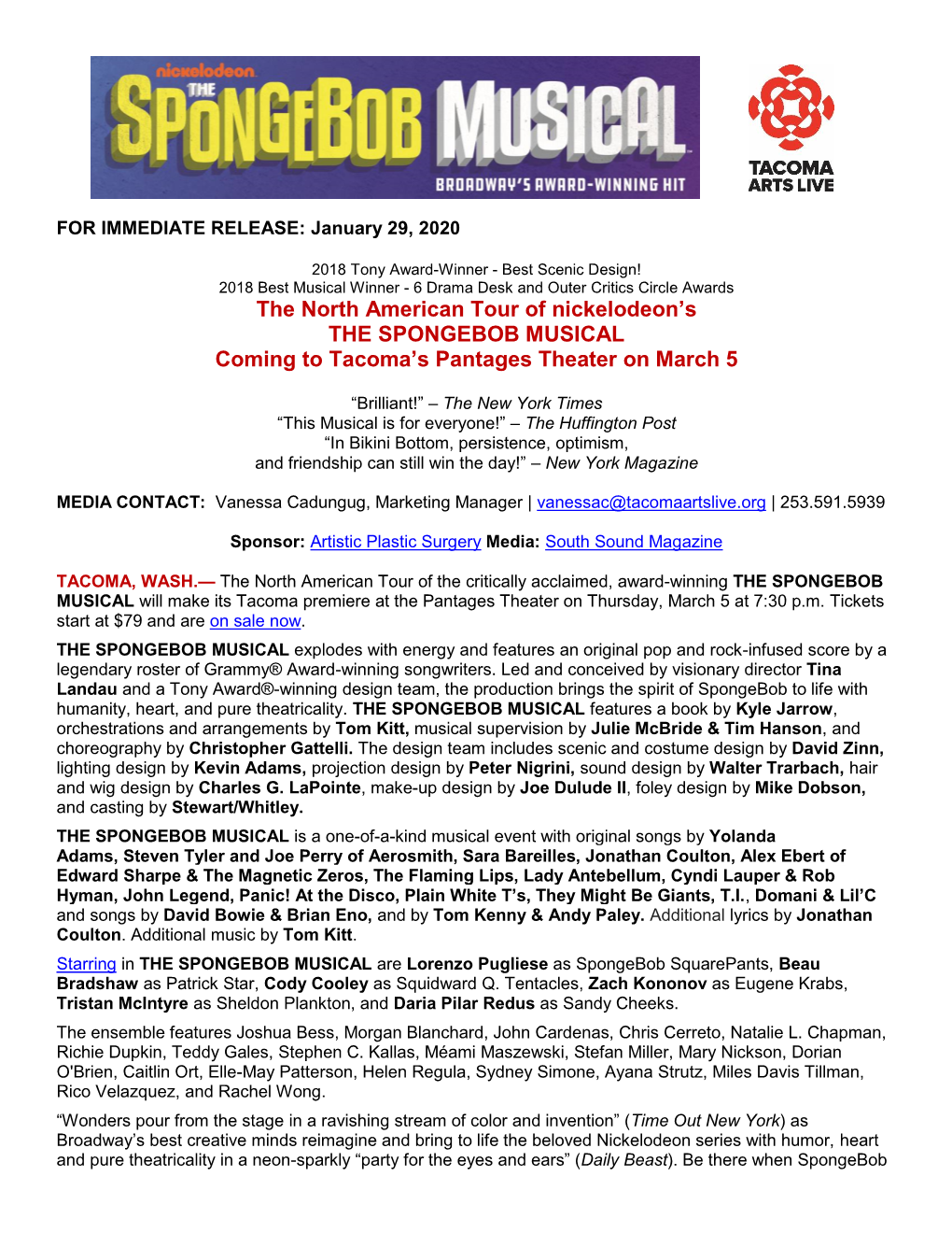 The North American Tour of Nickelodeon's the SPONGEBOB MUSICAL Coming to Tacoma's Pantages Theater on March 5