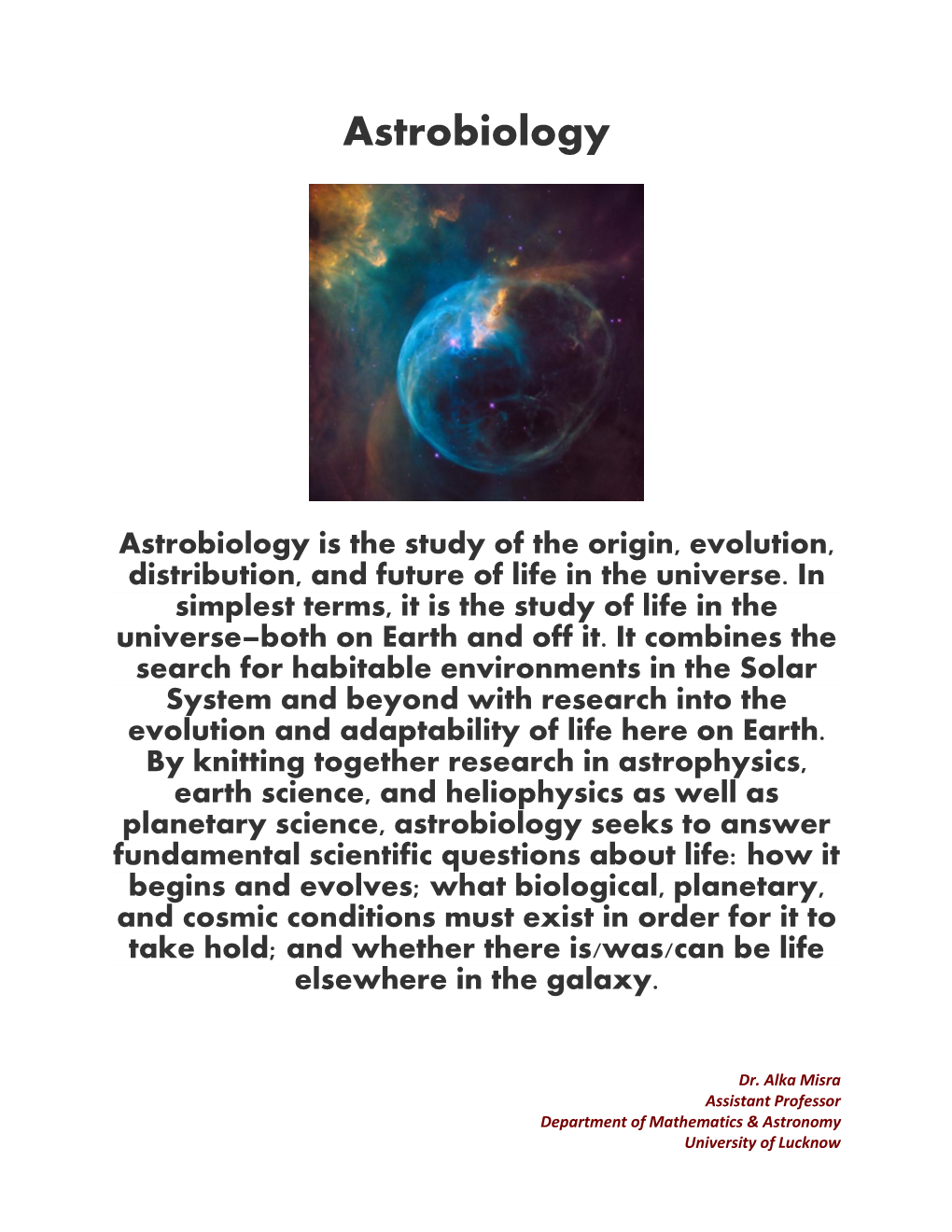 Astrobiology Life in the Universe