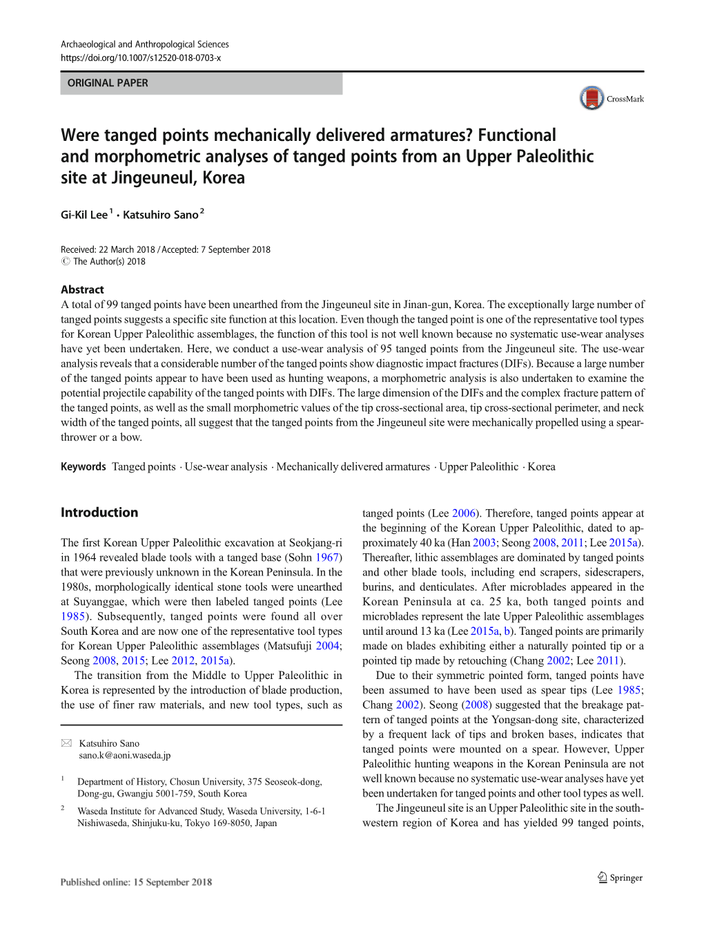 Were Tanged Points Mechanically Delivered Armatures? Functional and Morphometric Analyses of Tanged Points from an Upper Paleolithic Site at Jingeuneul, Korea