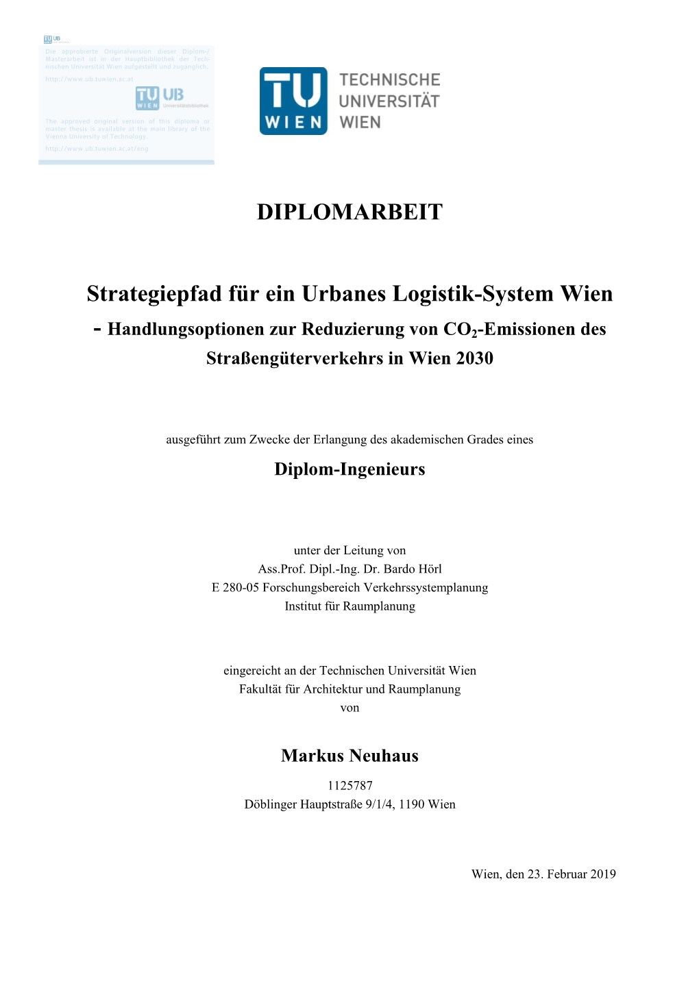 Strategiepfad Für Ein Urbanes Logistik-System Wien