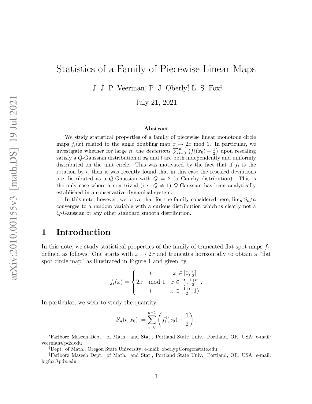 Arxiv:2010.00155V3 [Math.DS] 19 Jul 2021 Statistics of a Family Of