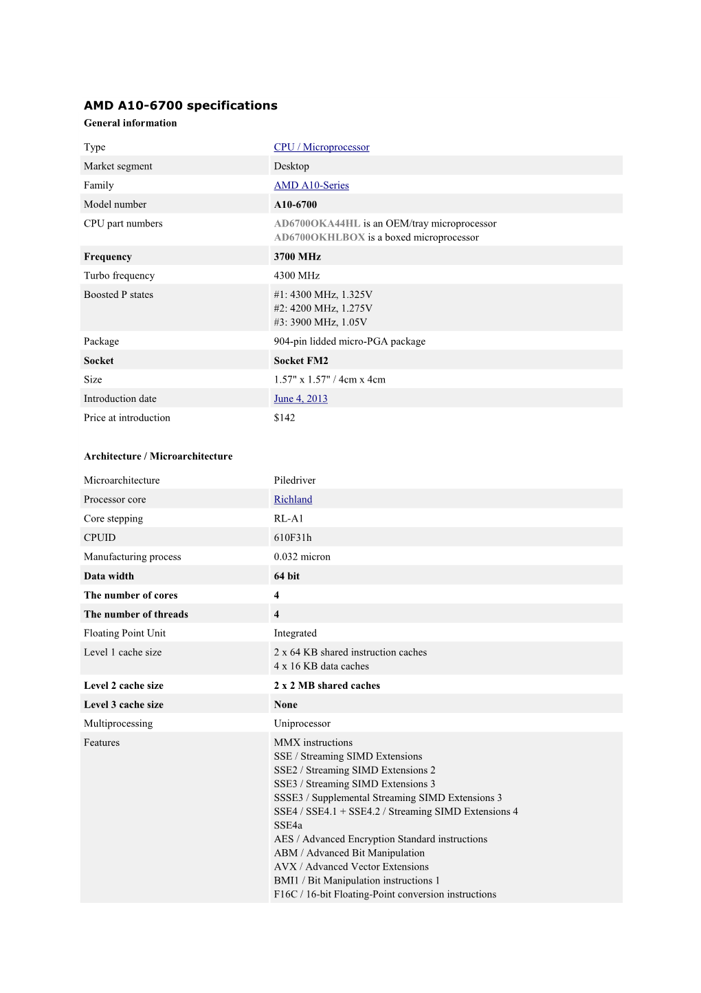 AMD A10-6700 Specifications General Information