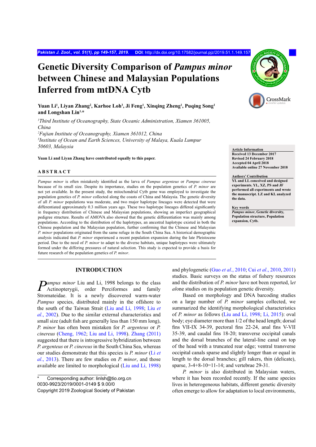 Genetic Diversity Comparison of Pampus Minor Between Chinese and Malaysian Populations Inferred from Mtdna Cytb