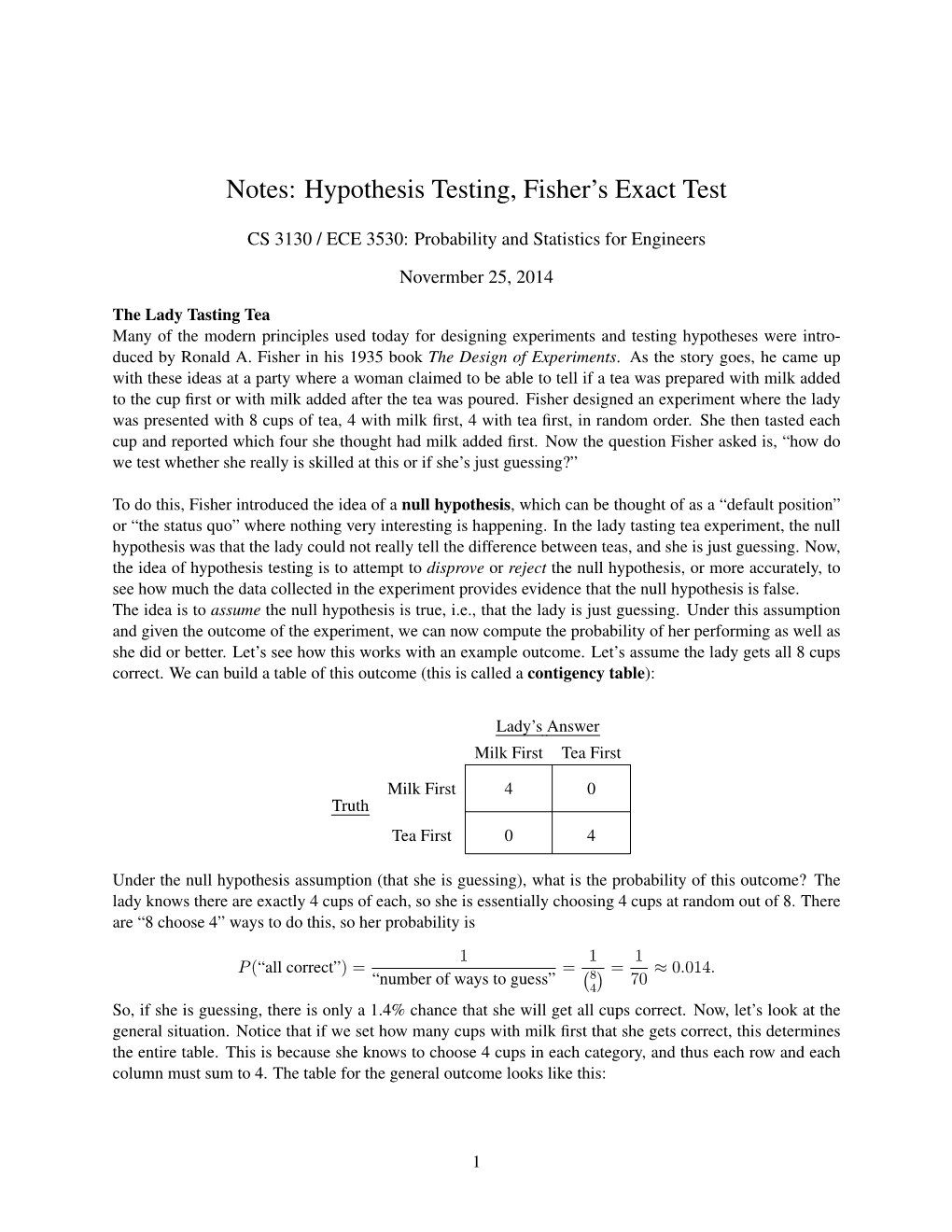 Notes: Hypothesis Testing, Fisher's Exact Test