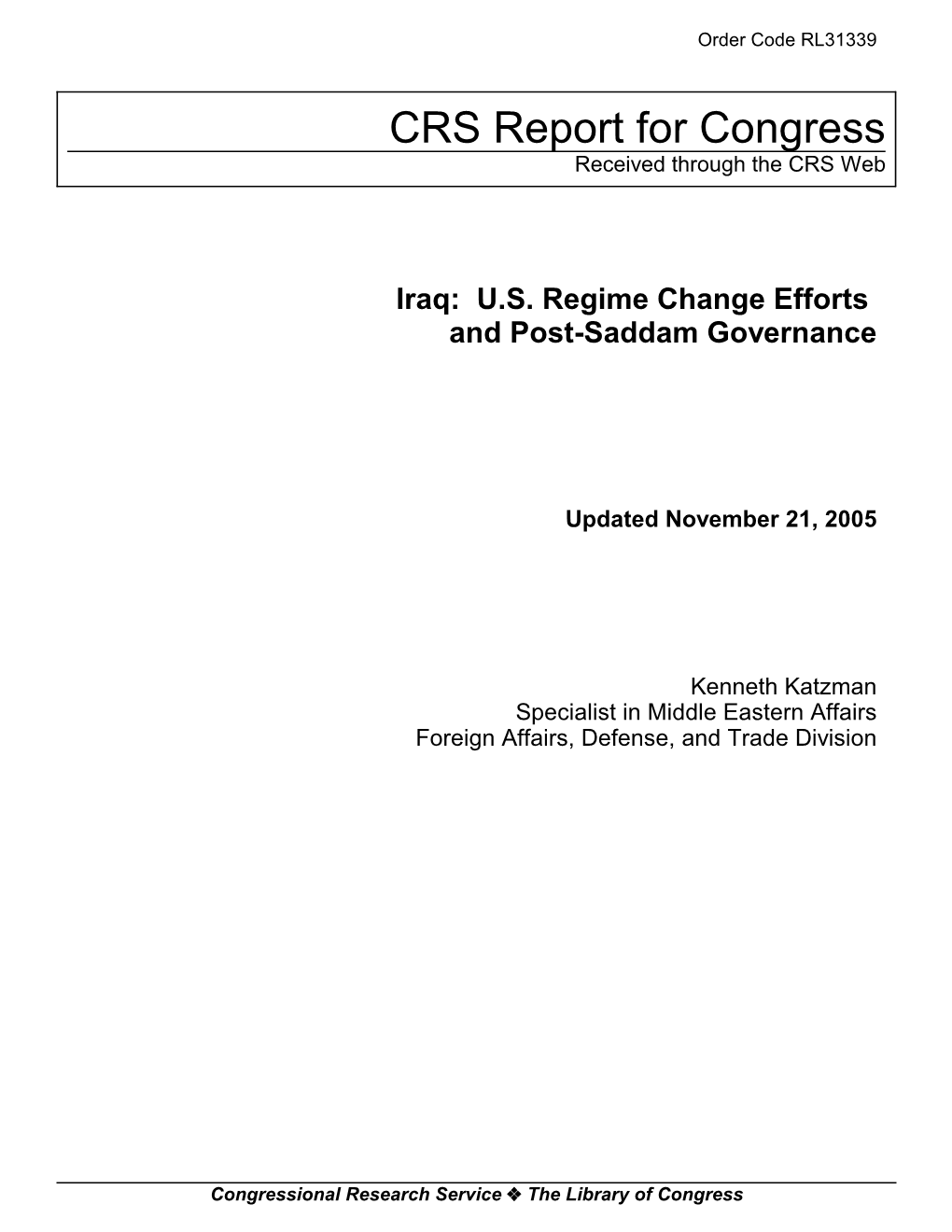 Iraq: U.S. Regime Change Efforts and Post-Saddam Governance