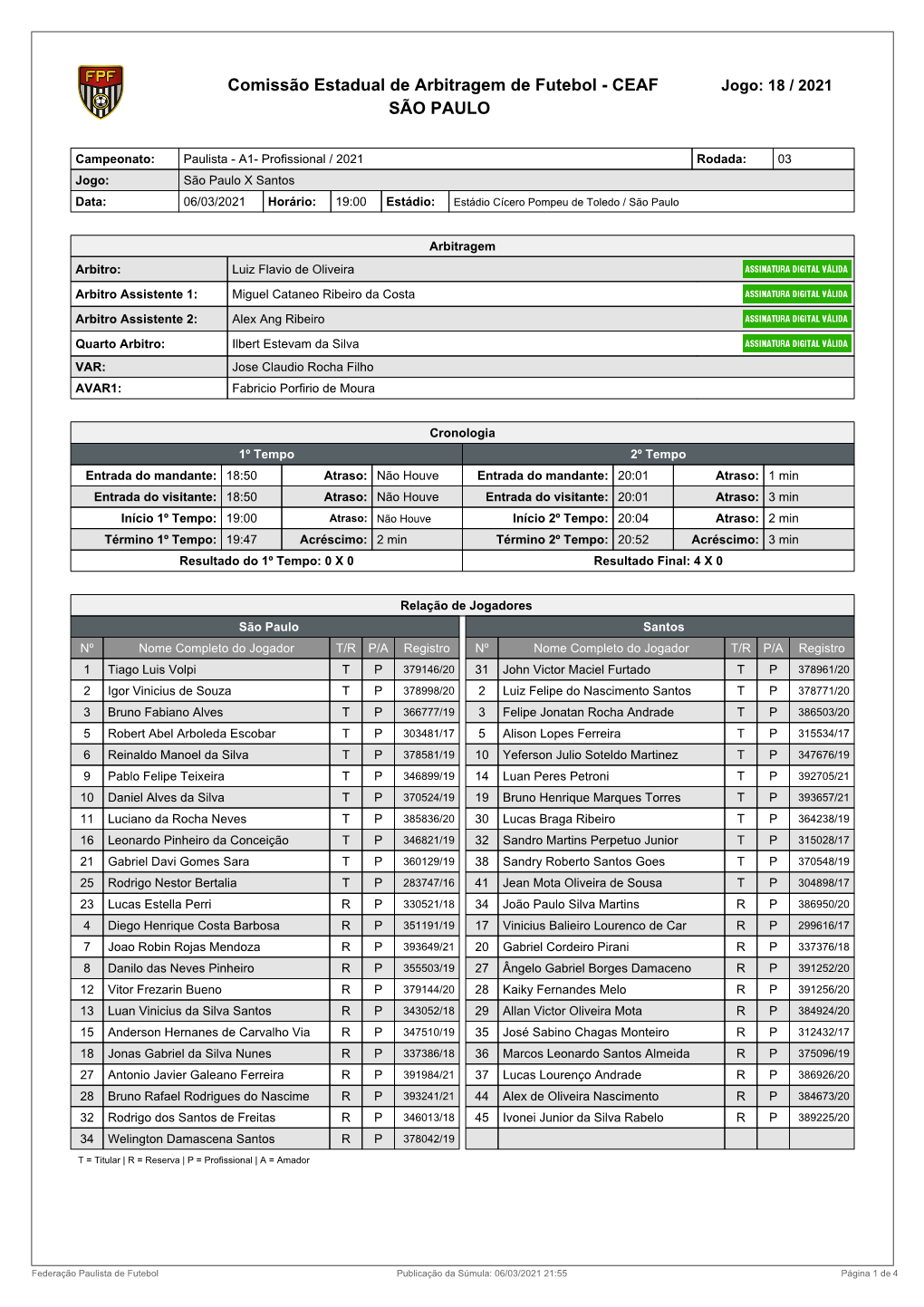 Comissão Estadual De Arbitragem De Futebol - CEAF Jogo: 18 / 2021 SÃO PAULO