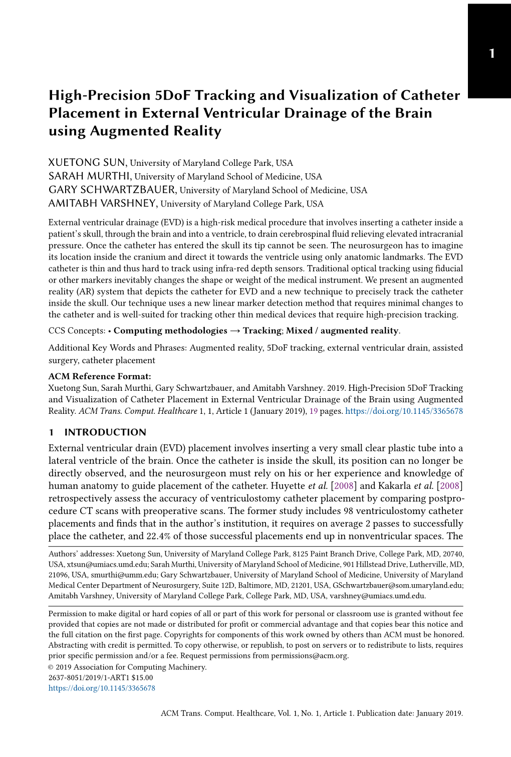 High-Precision 5Dof Tracking and Visualization of Catheter Placement in External Ventricular Drainage of the Brain Using Augmented Reality