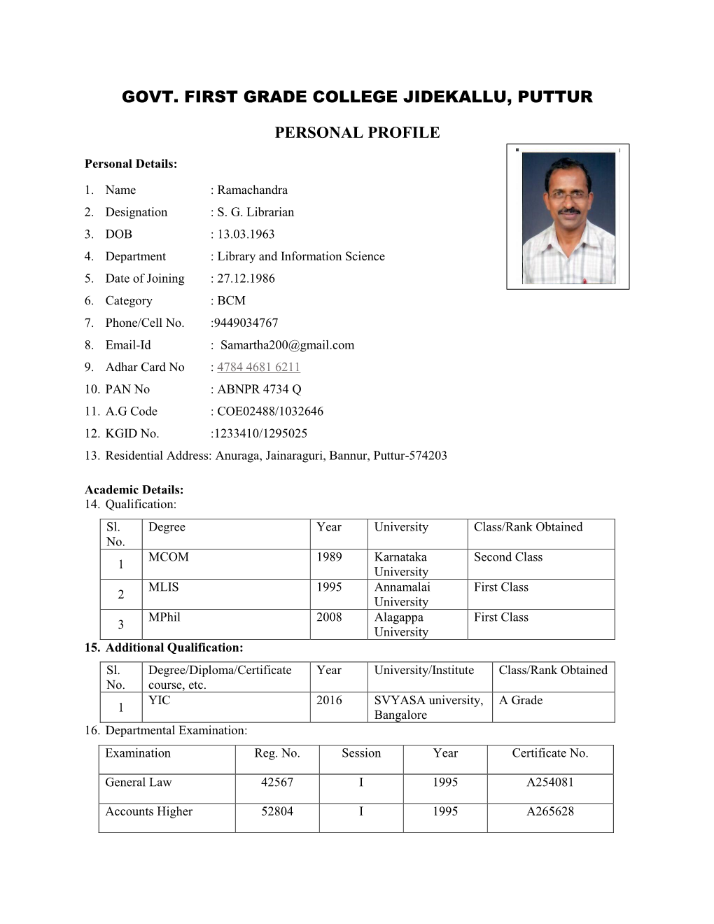 Govt. First Grade College Jidekallu, Puttur Personal