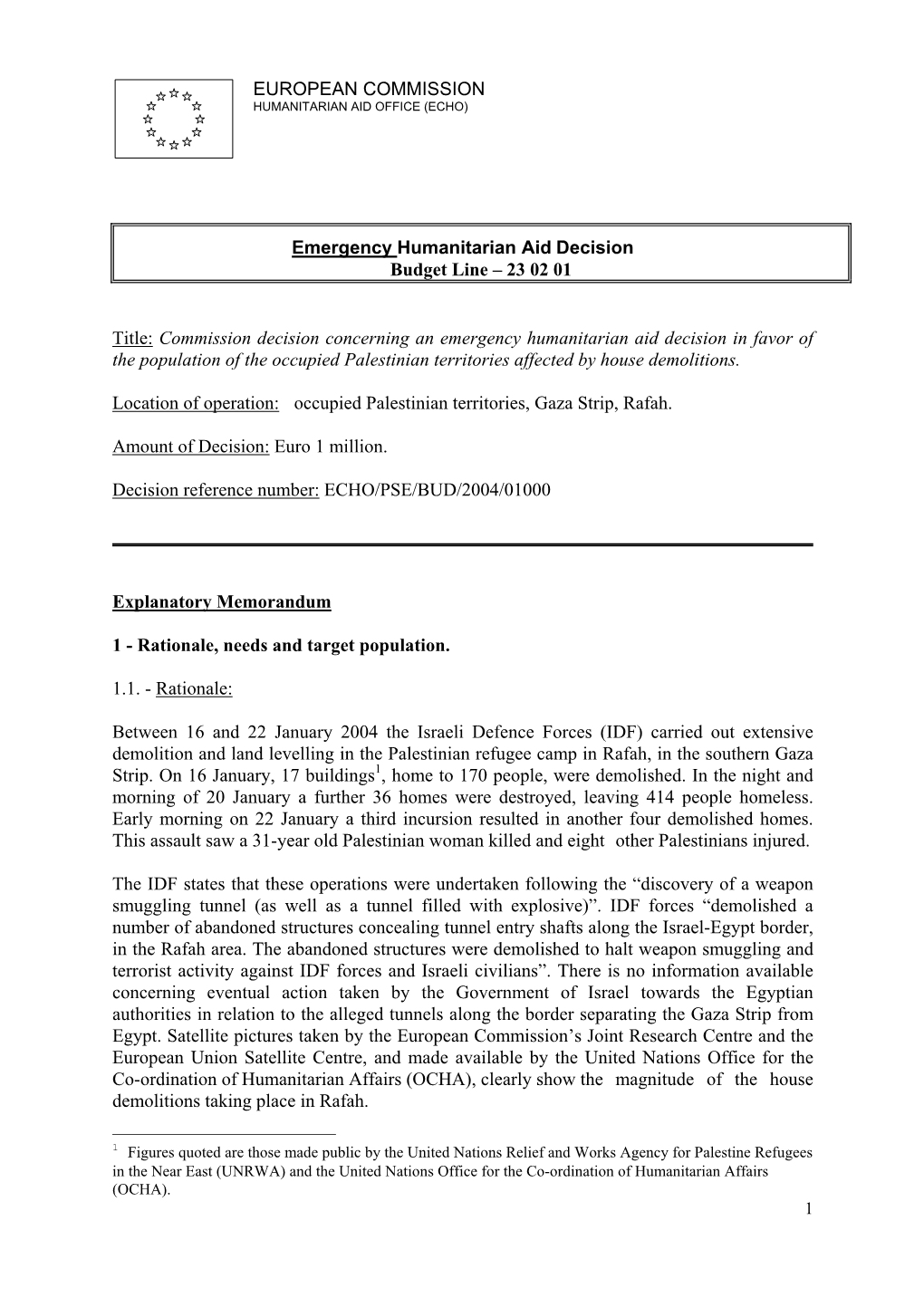 Emergency Humanitarian Aid Decision Budget Line – 23 02 01