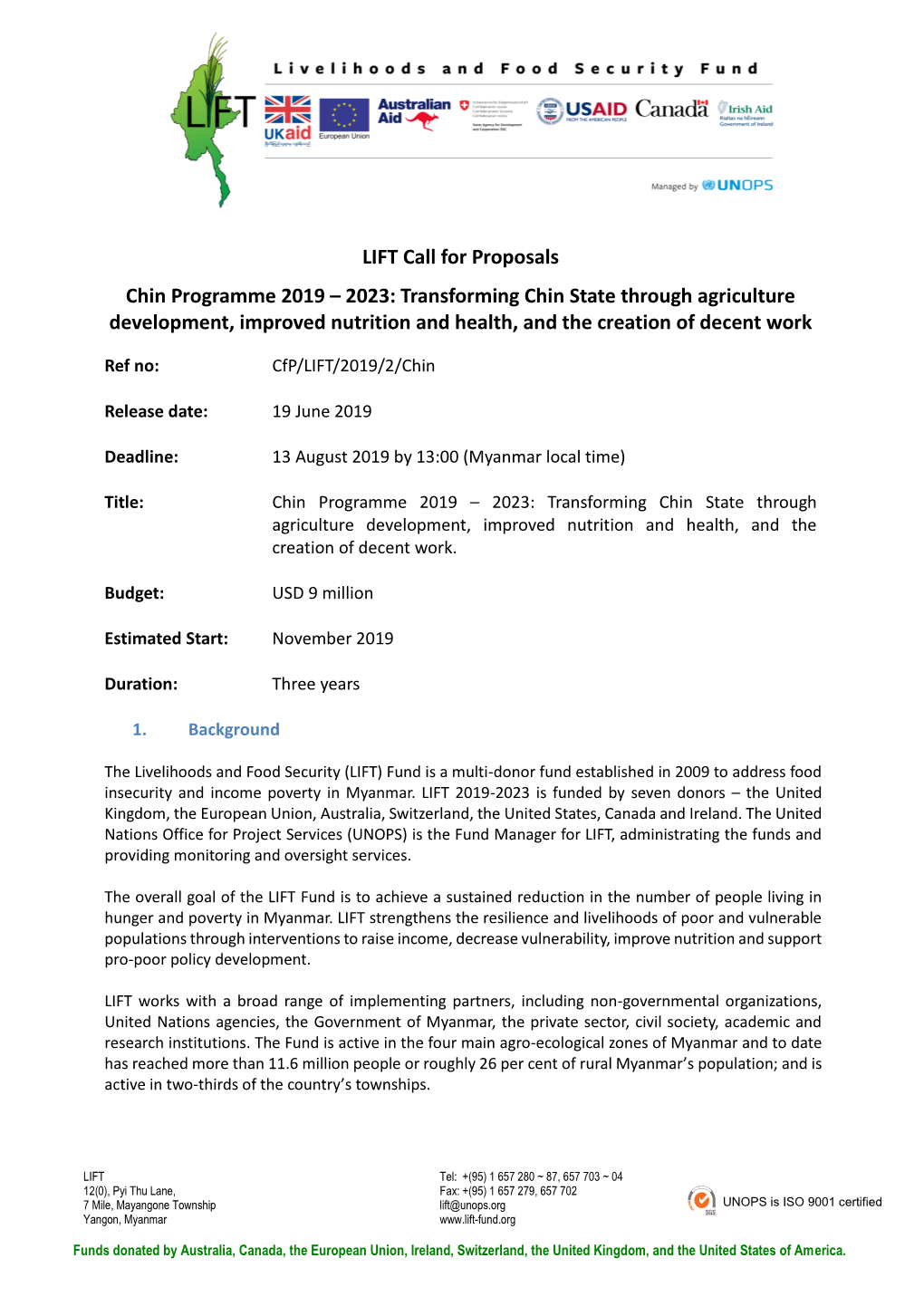 LIFT Call for Proposals Chin Programme 2019