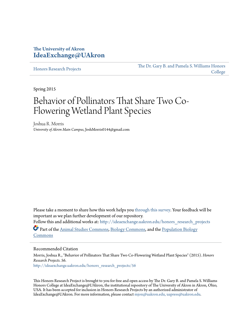 Behavior of Pollinators That Share Two Co-Flowering Wetland Plant Species" (2015)