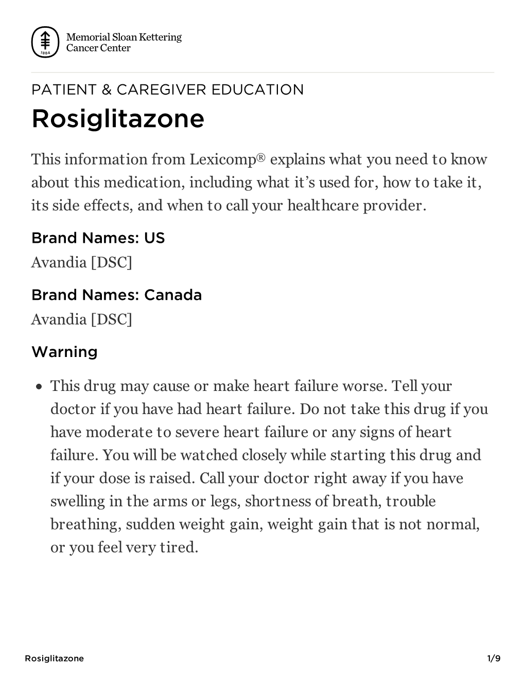 Rosiglitazone | Memorial Sloan Kettering Cancer Center