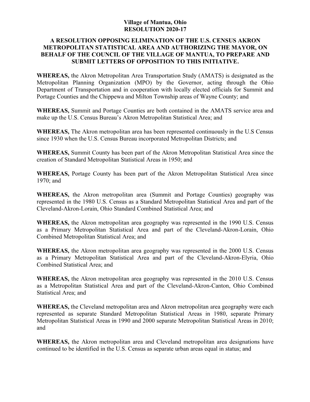 Village of Mantua, Ohio RESOLUTION 2020-17 a RESOLUTION OPPOSING ELIMINATION of the U.S