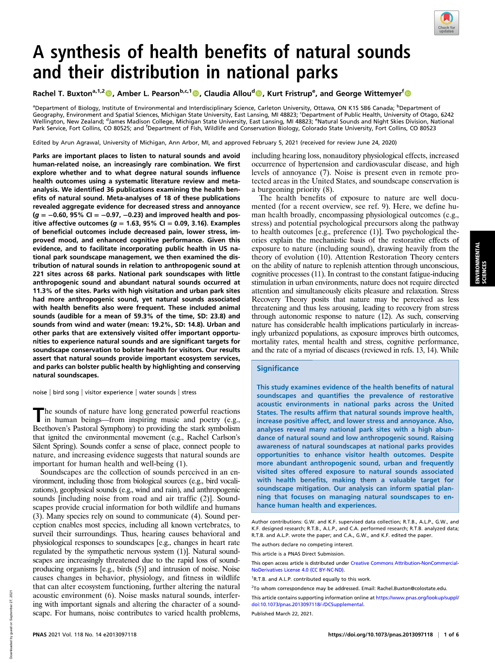 A Synthesis of Health Benefits of Natural Sounds and Their Distribution in National Parks