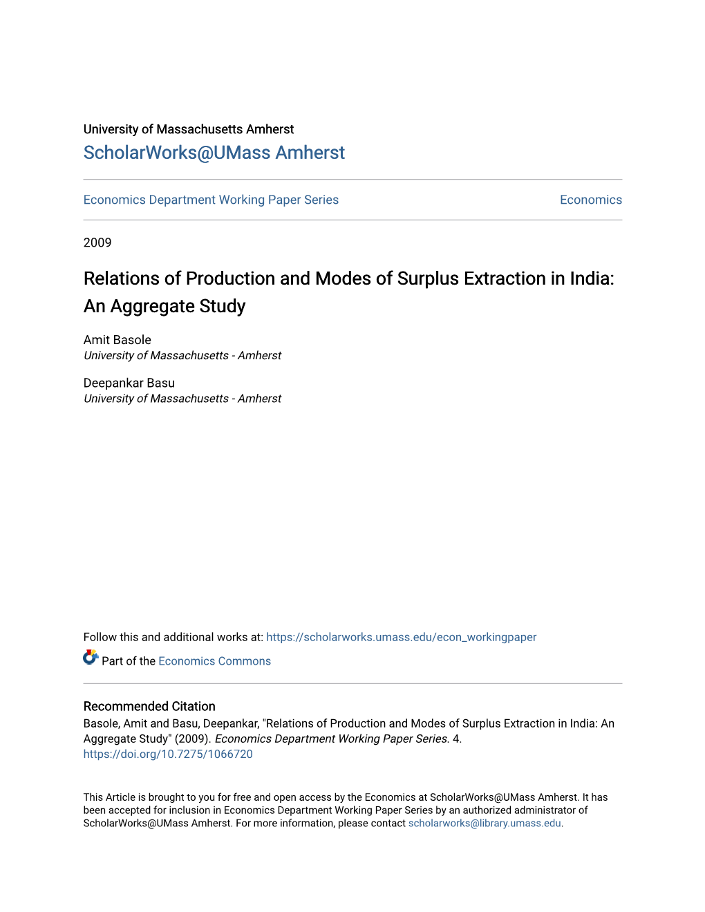 Relations of Production and Modes of Surplus Extraction in India: an Aggregate Study