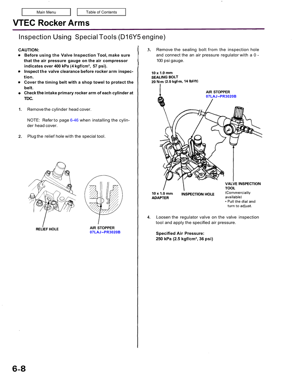 VTEC Rocker Arms Inspection Using Special Tools (D16Y5 Engine)