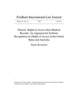 Patients' Rights to Access Their Medical Records: an Argument for Uniform Recognition of a Right of Access in the United States and Australia