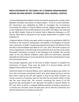 Press Statement by the Family of Lt General Maaparankoe Mahao on Sadc Report: 16 February 2016, Maseru, Lesotho